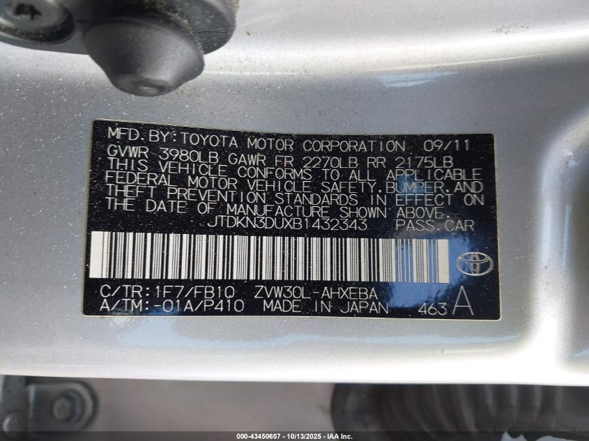 2011 Toyota Prius Two VIN: JTDKN3DUXB1432343 Lot: 43450657