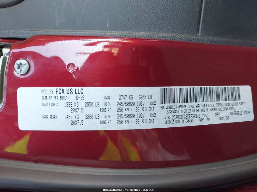 2019 Chrysler Pacifica Touring Plus VIN: 2C4RC1FG6KR732876 Lot: 43450658