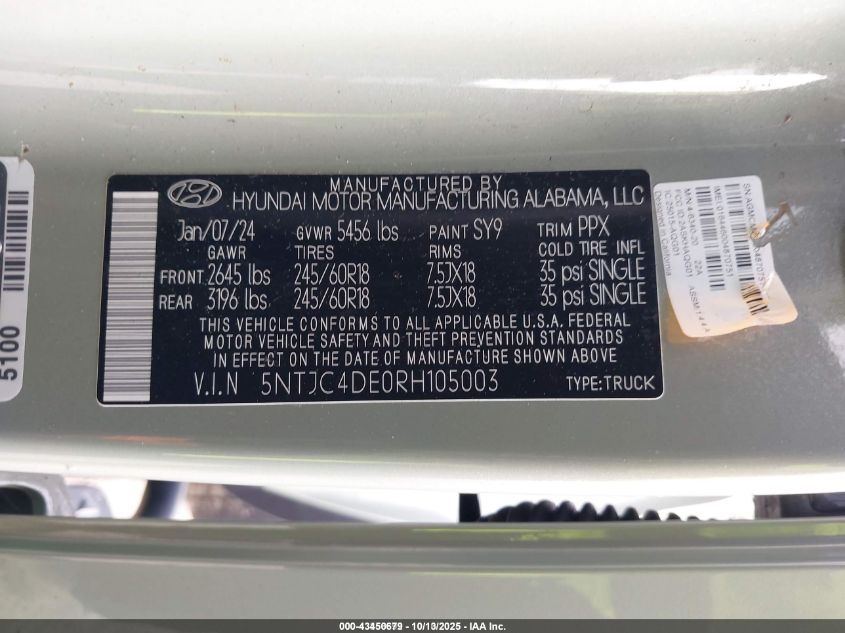 2024 Hyundai Santa Cruz Sel VIN: 5NTJC4DE0RH105003 Lot: 43450679