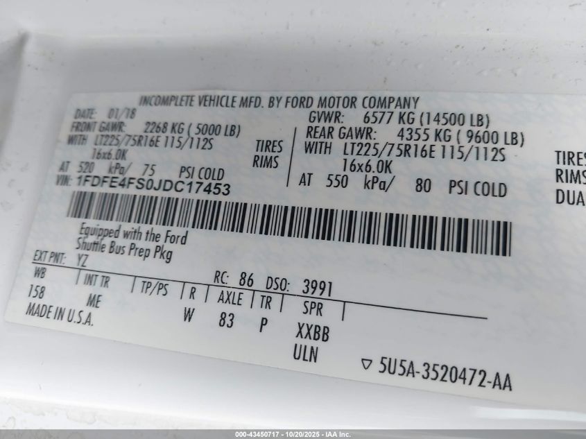 2018 Ford E-450 Cutaway VIN: 1FDFE4FS0JDC17453 Lot: 43450717