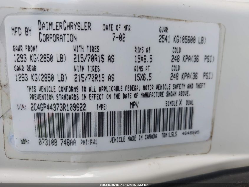 2003 Chrysler Town & Country Lx VIN: 2C4GP44373R109622 Lot: 43450718