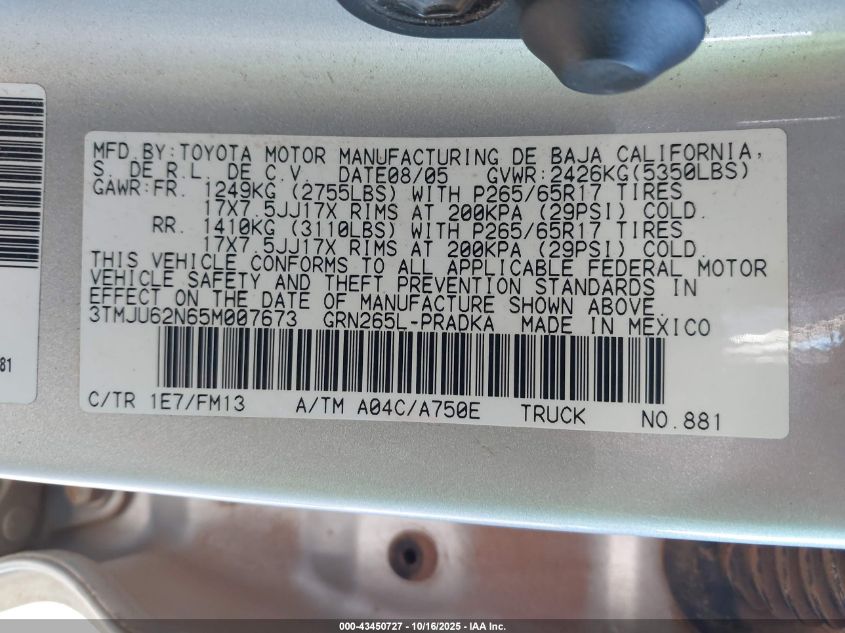 2005 Toyota Tacoma Prerunner V6 VIN: 3TMJU62N65M007673 Lot: 43450727