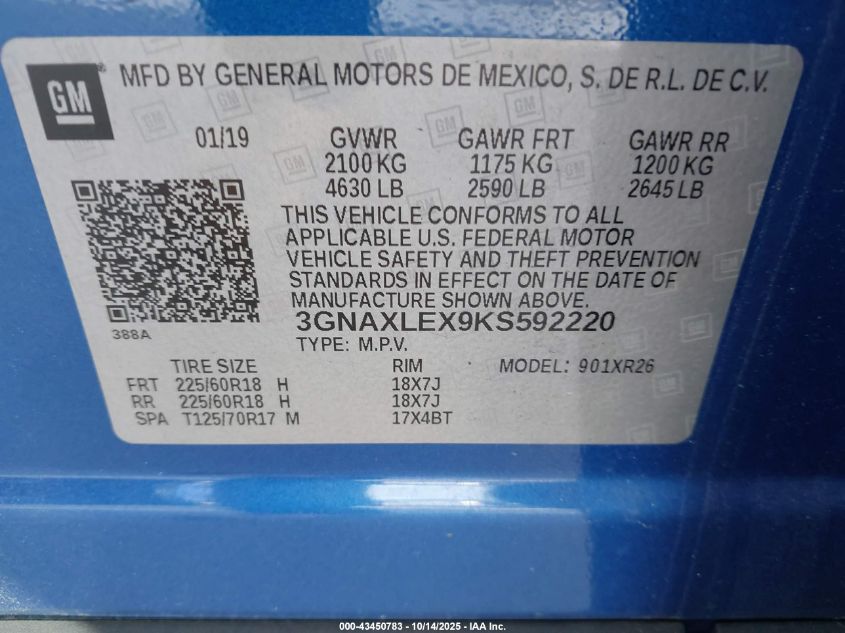 2019 Chevrolet Equinox Lt VIN: 3GNAXLEX9KS592220 Lot: 43450783