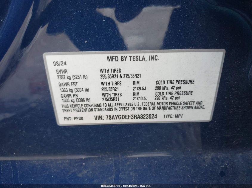 2024 Tesla Model Y Performance Dual Motor All-Wheel Drive VIN: 7SAYGDEF3RA323024 Lot: 43450789