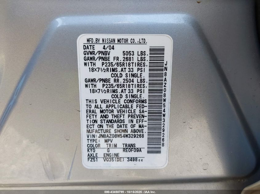 2004 Nissan Murano Se VIN: JN8AZ08W54W329268 Lot: 43450799