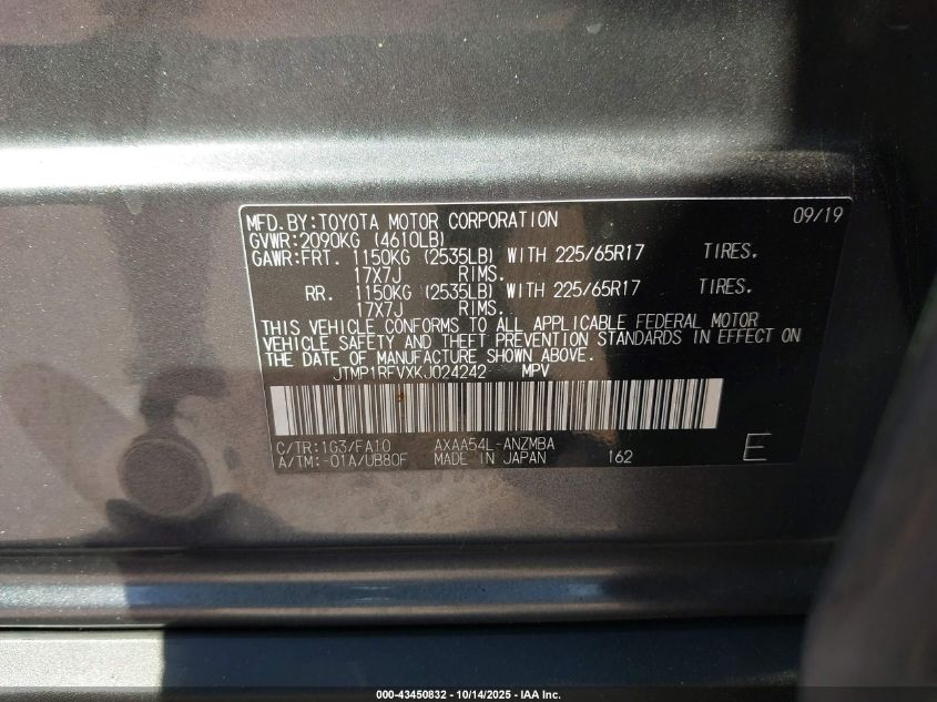 2019 TOYOTA RAV4 XLE JTMP1RFVXKJ024242