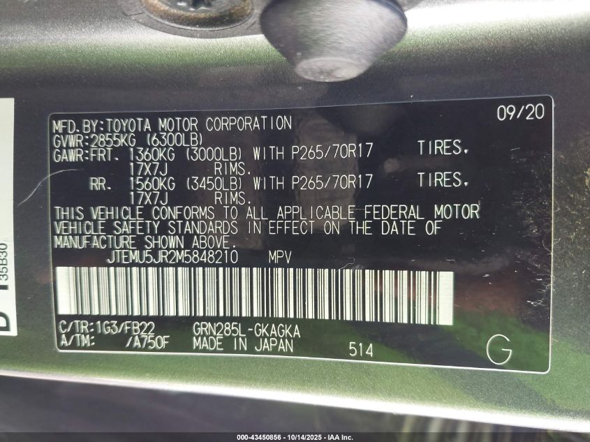 2021 Toyota 4Runner Sr5 VIN: JTEMU5JR2M5848210 Lot: 43450856