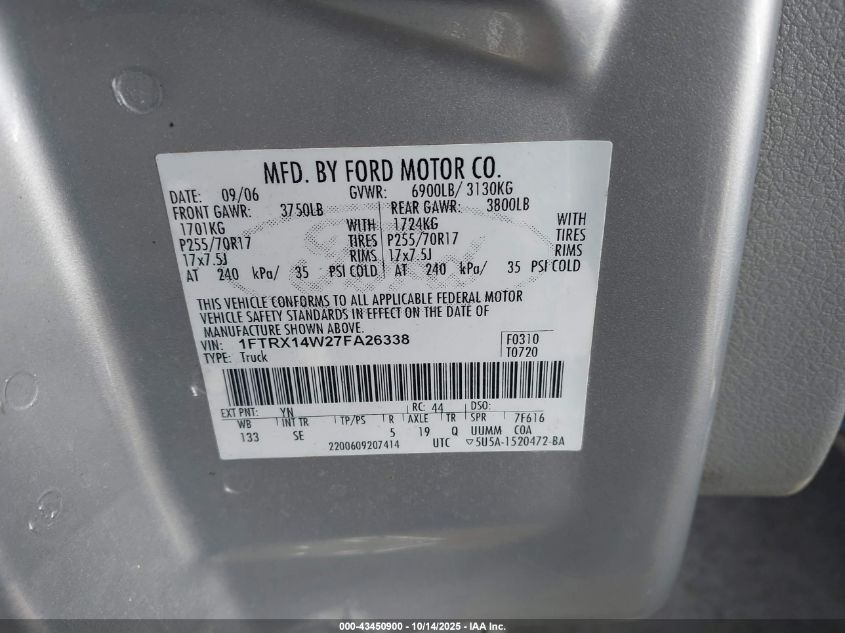 2007 Ford F-150 Fx4/Stx/Xl/Xlt VIN: 1FTRX14W27FA26338 Lot: 43450900