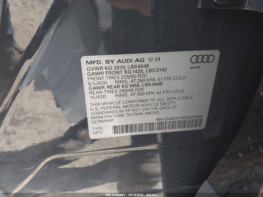 2025 Audi Q6 E-Tron Premium Plus Quattro VIN: WA124BGFXSA026390 Lot: 43450901