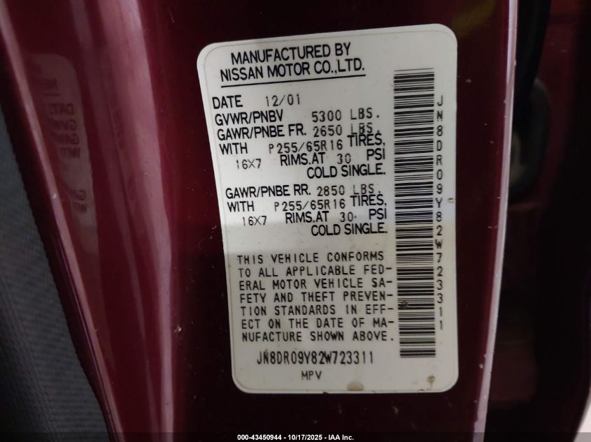 2002 Nissan Pathfinder Se VIN: JN8DR09Y82W723311 Lot: 43450944