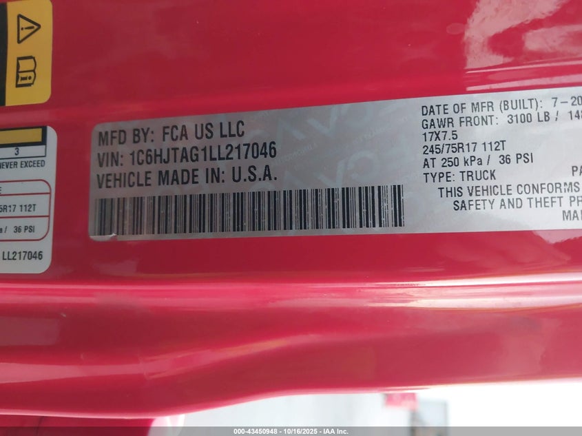 2020 Jeep Gladiator Sport S 4X4 VIN: 1C6HJTAG1LL217046 Lot: 43450948