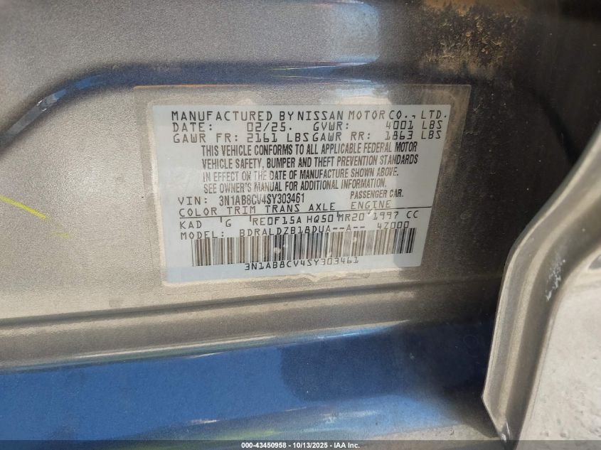 2025 Nissan Sentra Sv VIN: 3N1AB8CV4SY303461 Lot: 43450958