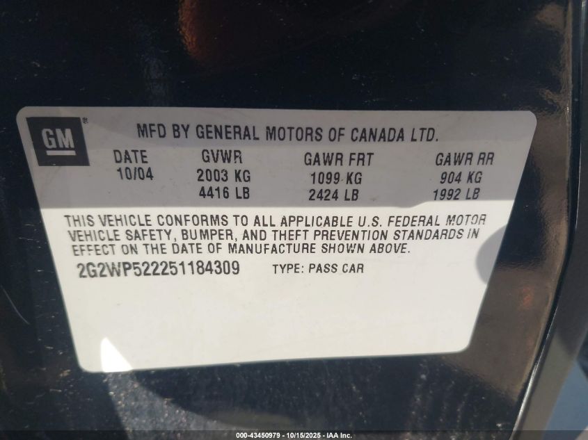 2005 Pontiac Grand Prix VIN: 2G2WP522251184309 Lot: 43450979