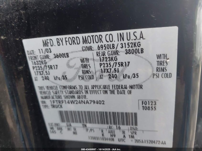 2004 Ford F-150 Stx/Xl/Xlt VIN: 1FTRF14W24NA79402 Lot: 43450997