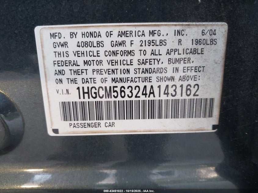 1HGCM56324A143162 2004 HONDA ACCORD photo no. 9