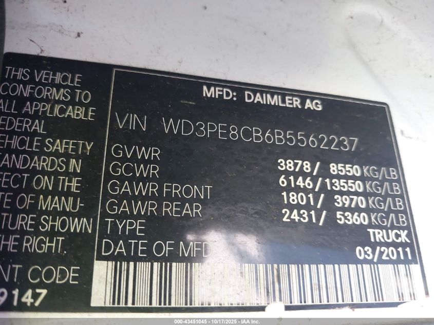 2011 Mercedes-Benz Sprinter 2500 High Roof VIN: WD3PE8CB6B5562237 Lot: 43451045