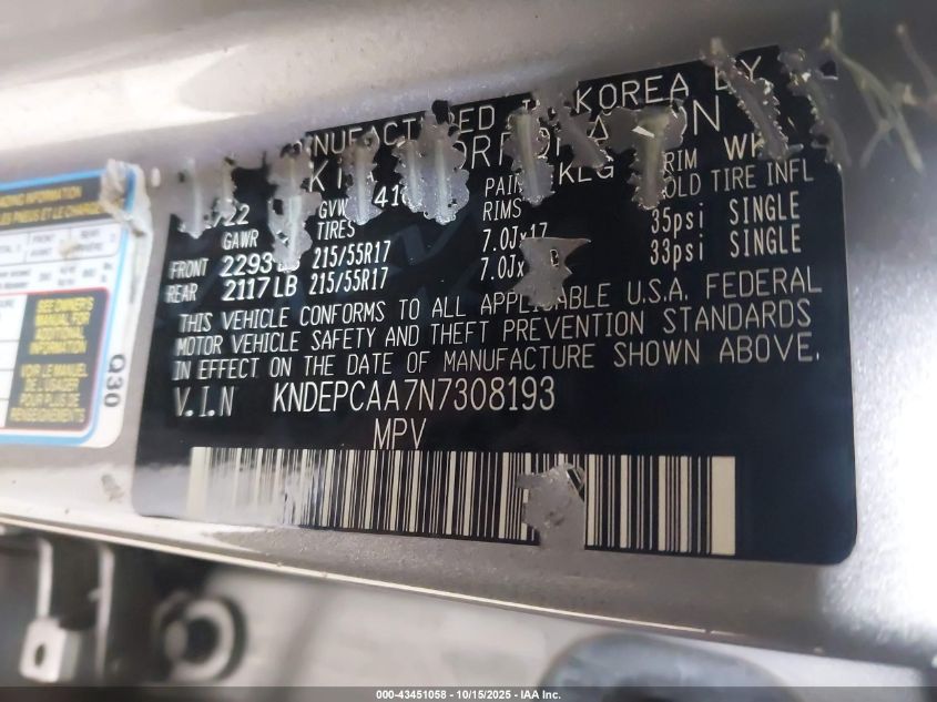 2022 Kia Seltos Lx VIN: KNDEPCAA7N7308193 Lot: 43451058