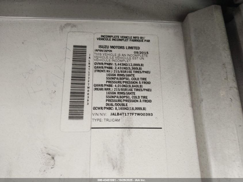 2015 Isuzu Commercial Van VIN: JALB4T177F7W00393 Lot: 43451061