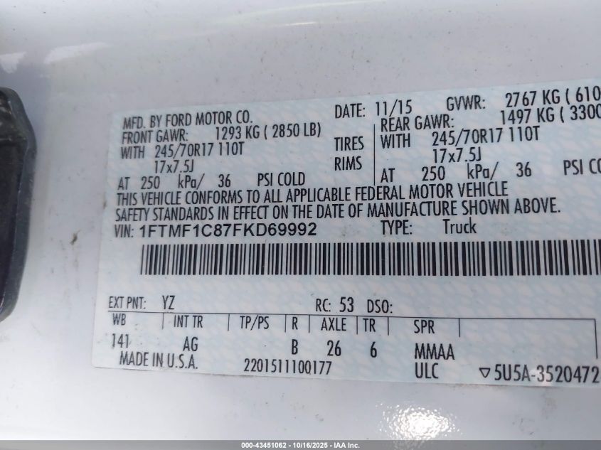 2015 Ford F-150 Xl VIN: 1FTMF1C87FKD69992 Lot: 43451062