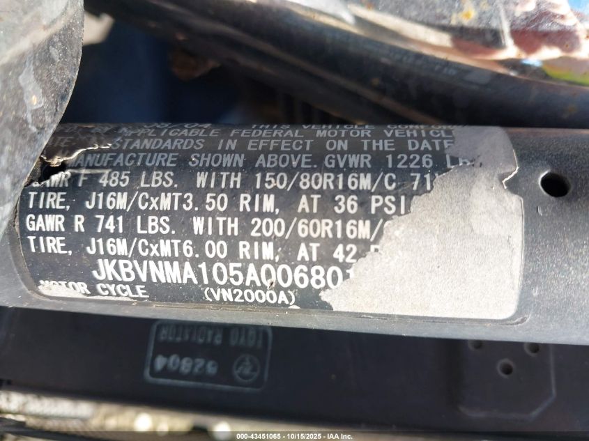 2005 Kawasaki Vn2000 A2 VIN: JKBVNMA105A006801 Lot: 43451065