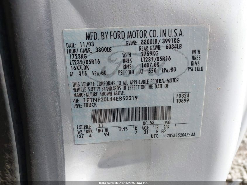 2004 Ford F-250 Xl/Xlt VIN: 1FTNF20L44EB52219 Lot: 43451066