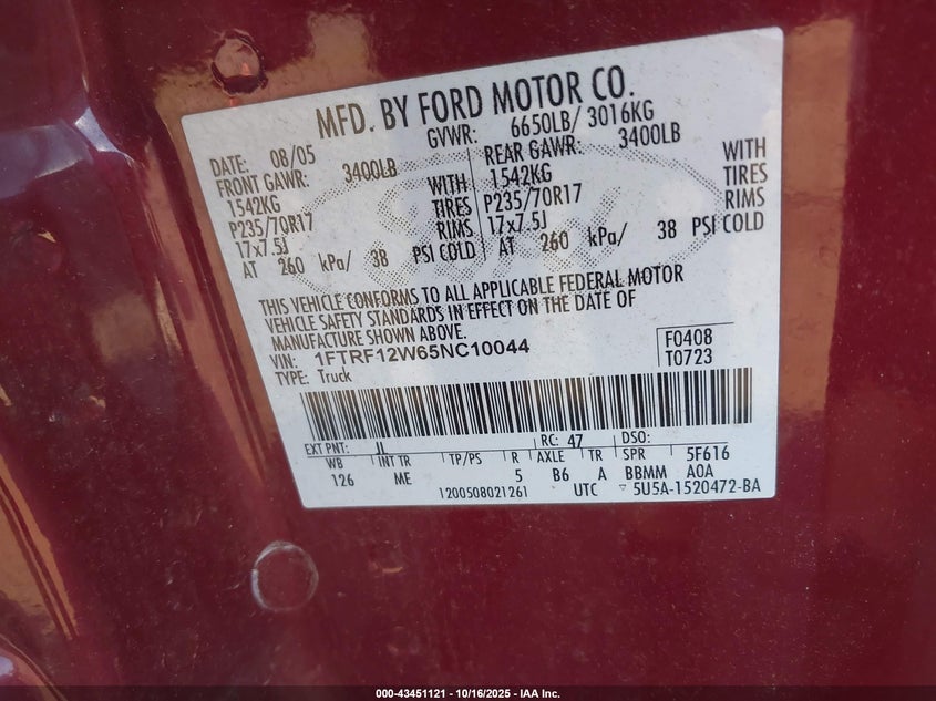 1FTRF12W65NC10044 2005 FORD F-150 photo no. 9