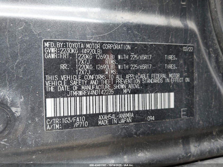 2022 TOYOTA RAV4 HYBRID (VIN: JTMRWRFV4ND142235)