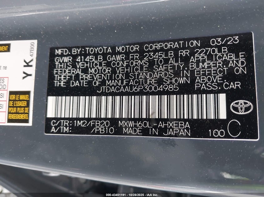 JTDACAAU6P3004985 2023 TOYOTA PRIUS photo no. 9