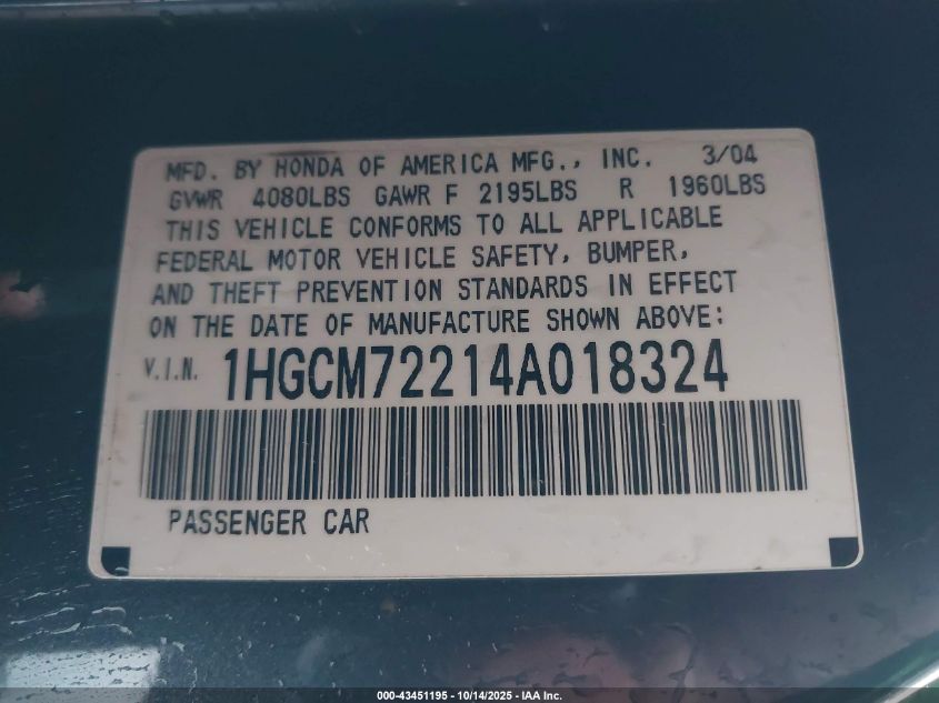 2004 Honda Accord 2.4 Lx VIN: 1HGCM72214A018324 Lot: 43451195