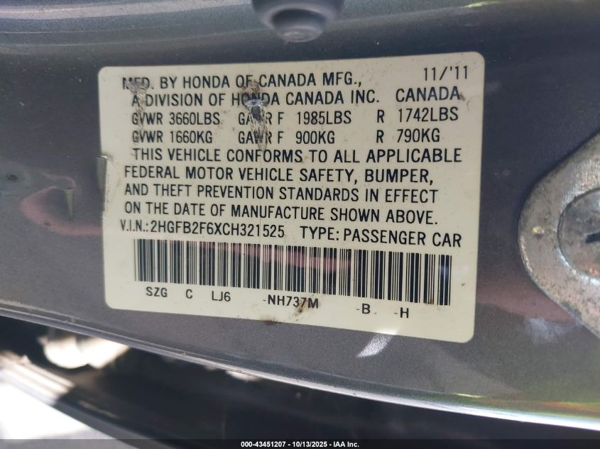 2012 Honda Civic Hf VIN: 2HGFB2F6XCH321525 Lot: 43451207