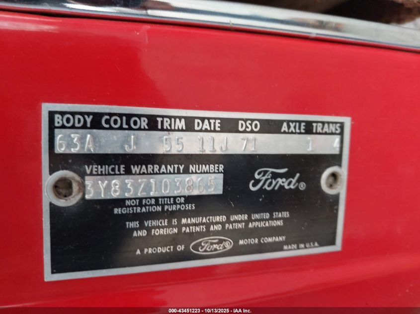 1963 Ford Thunderbird VIN: 3Y83Z103865 Lot: 43451223