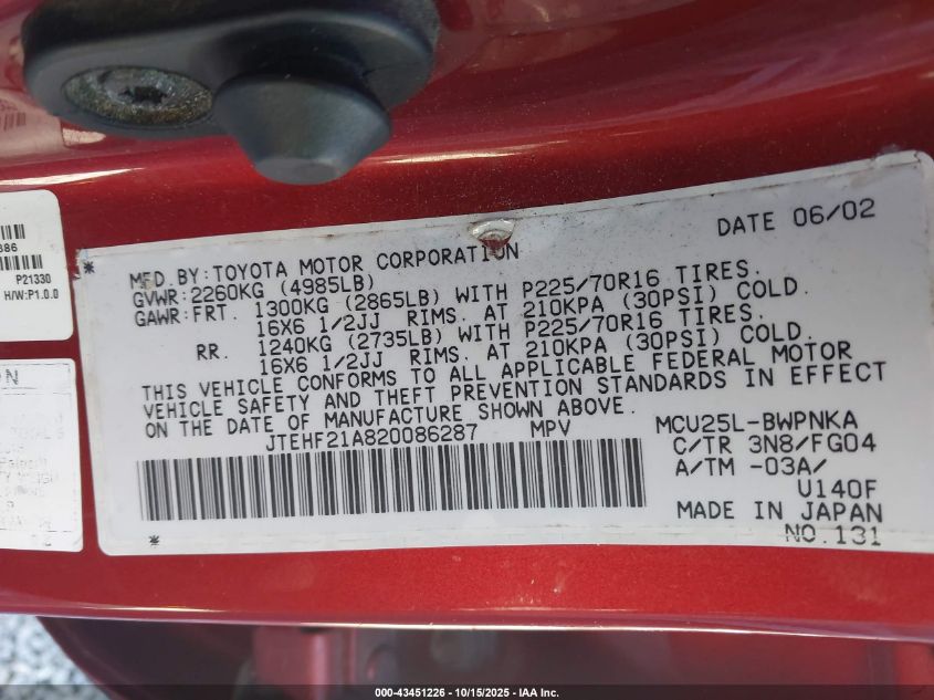 2002 Toyota Highlander V6 VIN: JTEHF21A820086287 Lot: 43451226