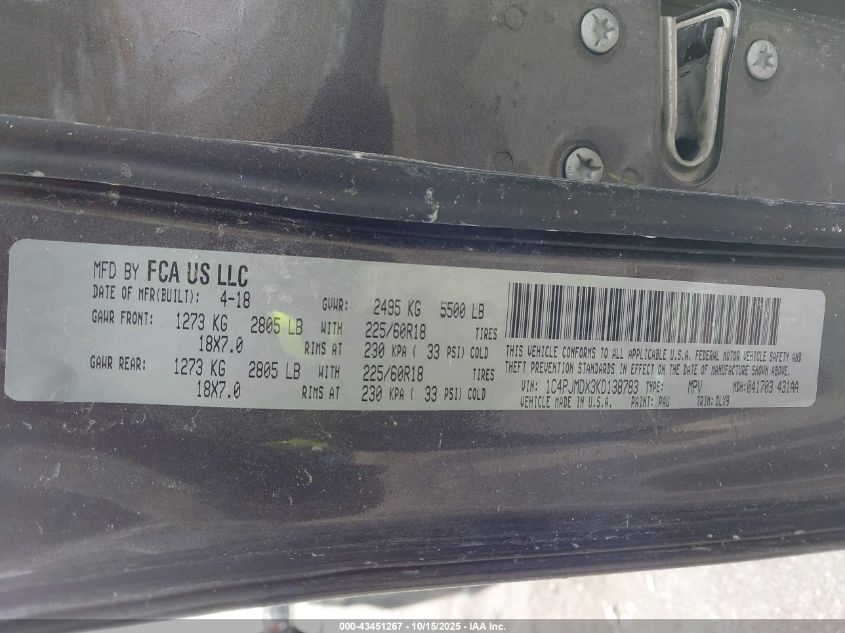 2019 Jeep Cherokee Limited 4X4 VIN: 1C4PJMDX3KD138783 Lot: 43451267