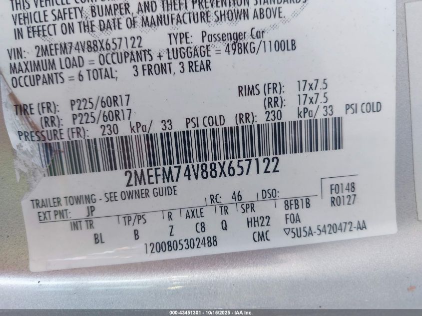 2008 Mercury Grand Marquis Gs VIN: 2MEFM74V88X657122 Lot: 43451301