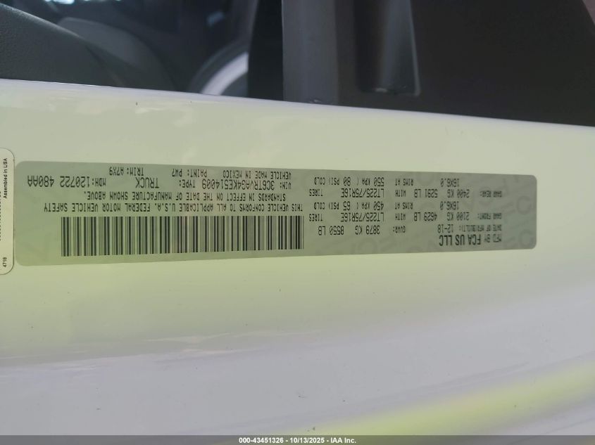 2019 Ram Promaster 1500 Low Roof 136 Wb VIN: 3C6TRVAG4KE514009 Lot: 43451326