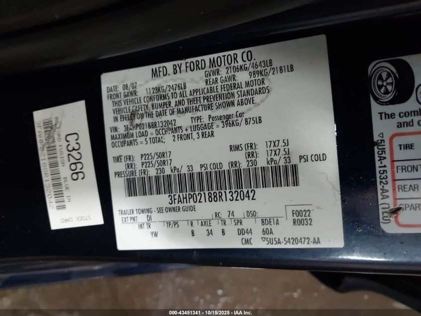 2008 Ford Fusion Sel VIN: 3FAHP02188R132042 Lot: 43451341