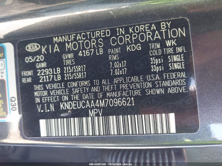 2021 Kia Seltos S VIN: KNDEUCAA4M7096621 Lot: 43451348