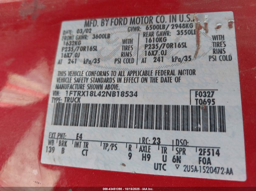 2002 Ford F-150 Lariat/Xl/Xlt VIN: 1FTRX18L42NB18534 Lot: 43451398