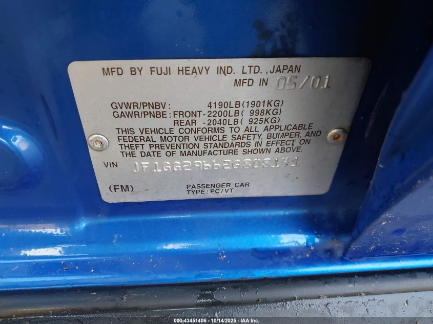 2002 Subaru Impreza Wrx VIN: JF1GG29662G808141 Lot: 43451406