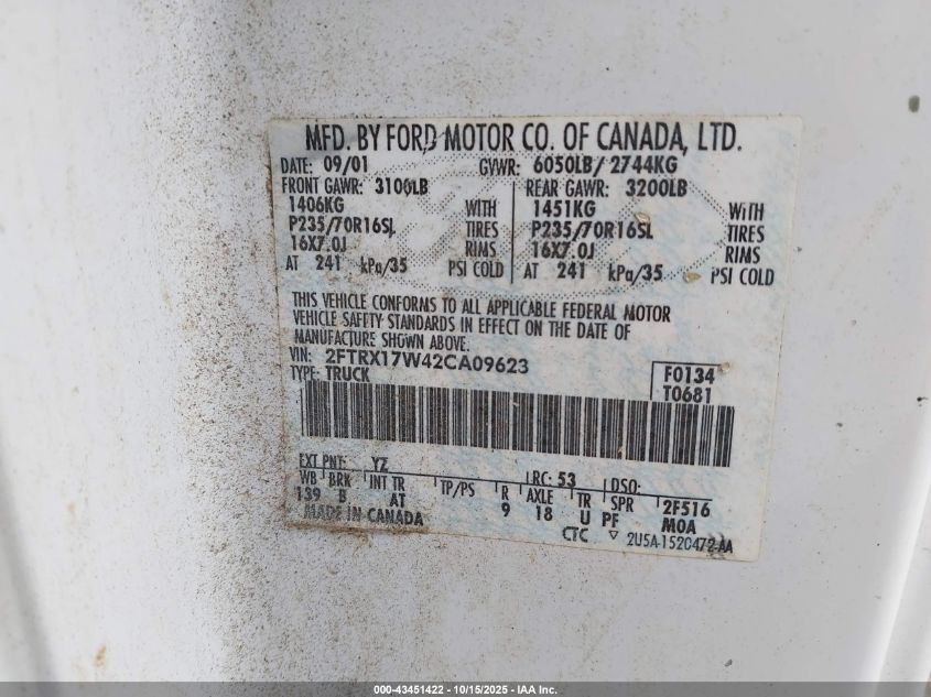 2002 Ford F-150 Lariat/Xl/Xlt VIN: 2FTRX17W42CA09623 Lot: 43451422