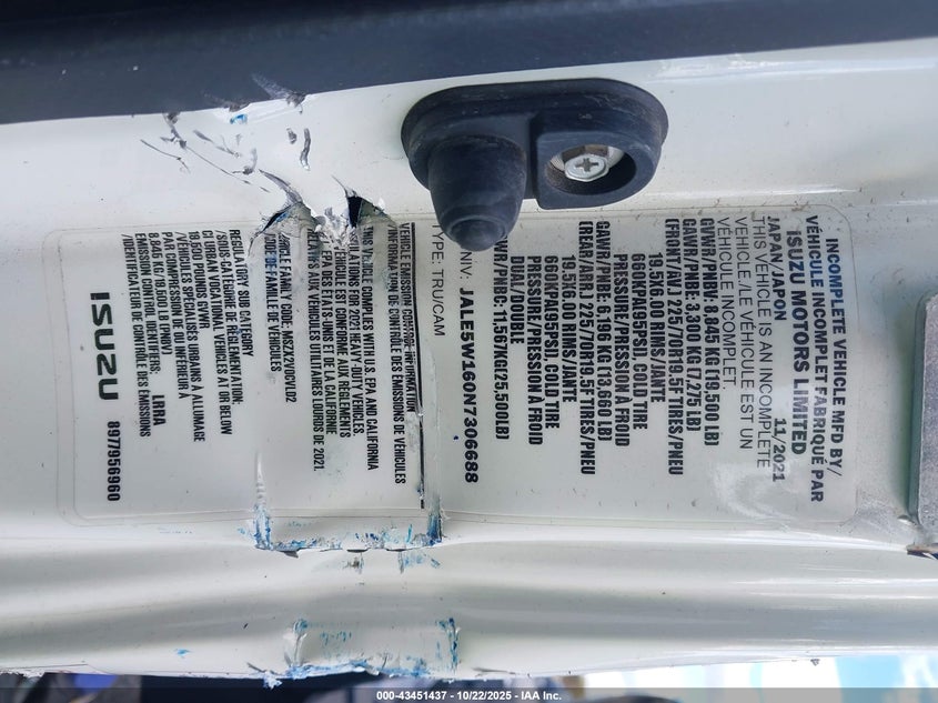 2022 Isuzu Nrr VIN: JALE5W160N7306688 Lot: 43451437