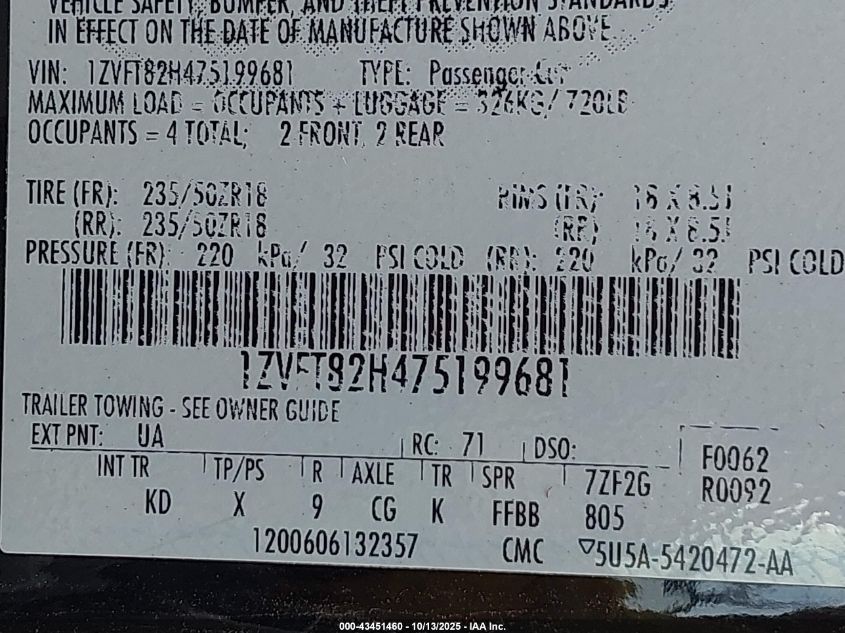 2007 Ford Mustang Gt Deluxe/Gt Premium VIN: 1ZVFT82H475199681 Lot: 43451460