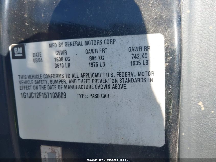 2005 Chevrolet Cavalier VIN: 1G1JC12F157103809 Lot: 43451467