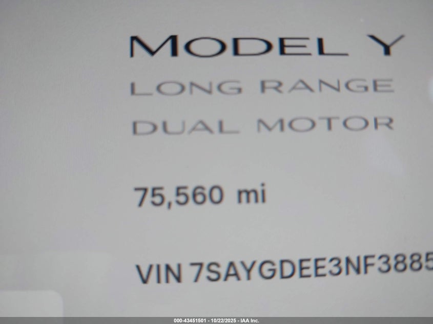 2022 Tesla Model Y Long Range Dual Motor All-Wheel Drive VIN: 7SAYGDEE3NF388511 Lot: 43451501