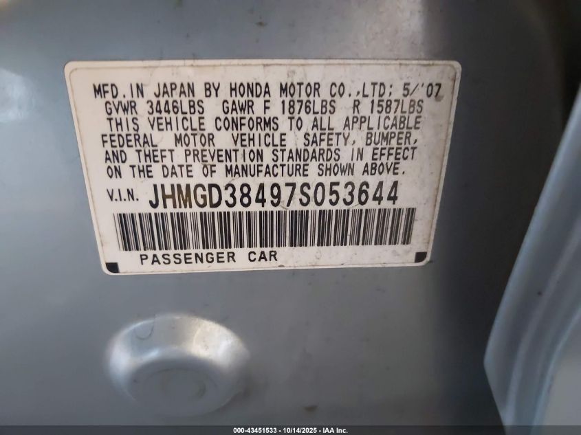 2007 Honda Fit VIN: JHMGD38497S053644 Lot: 43451533