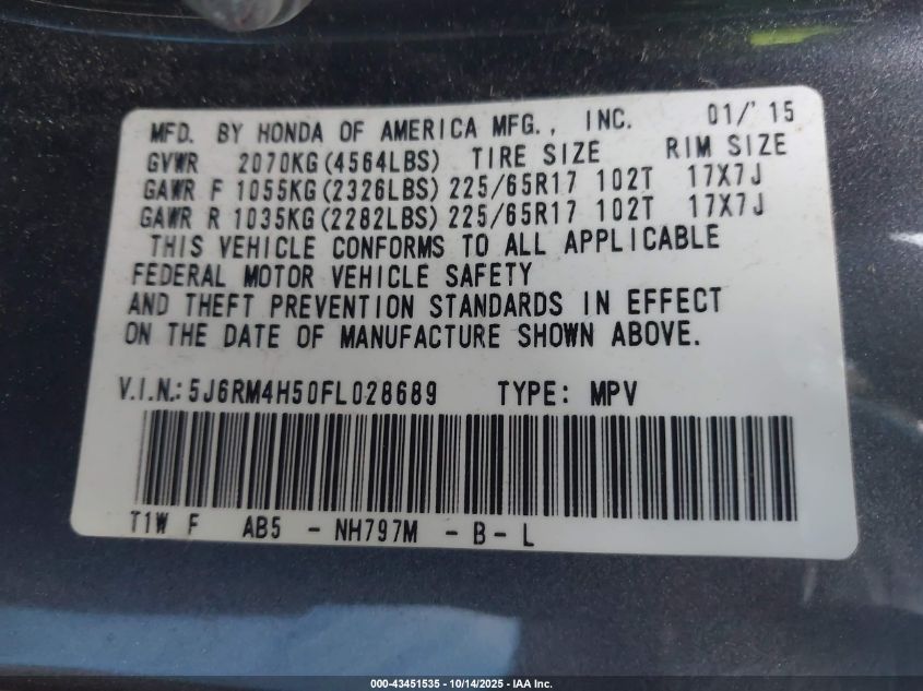 2015 Honda Cr-V Ex VIN: 5J6RM4H50FL028689 Lot: 43451535