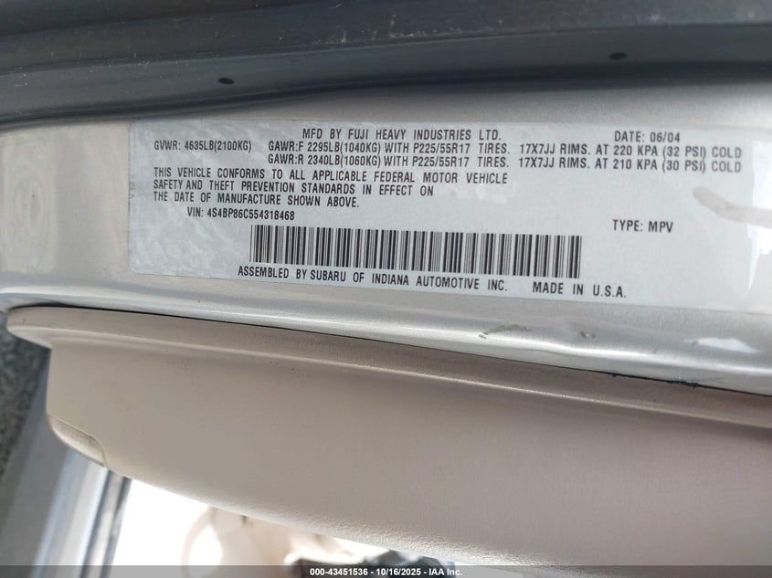 4S4BP86C554318468 2005 SUBARU OUTBACK photo no. 9