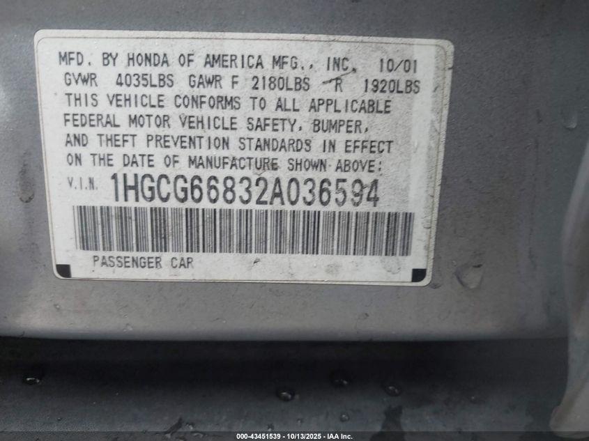 2002 Honda Accord 2.3 Ex/2.3 Se VIN: 1HGCG66832A036594 Lot: 43451539
