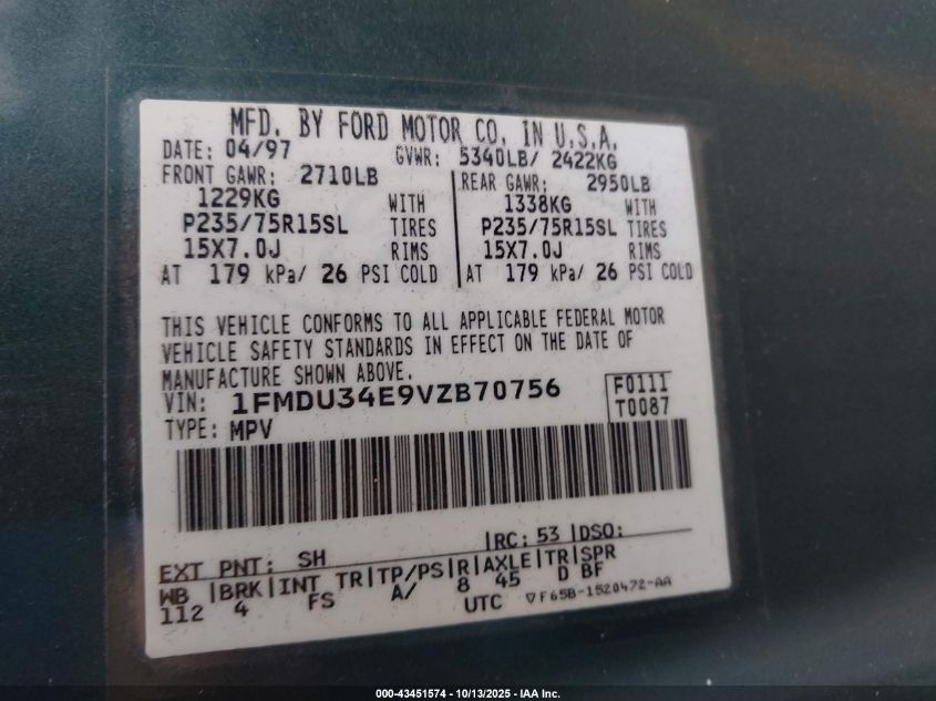 1997 Ford Explorer Eddie Bauer/Limited/Xl/Xlt VIN: 1FMDU34E9VZB70756 Lot: 43451574