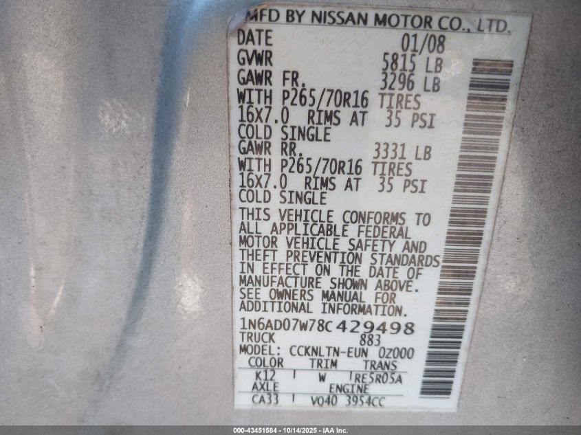 2008 Nissan Frontier Se VIN: 1N6AD07W78C429498 Lot: 43451584